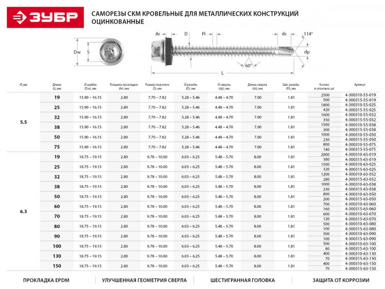 Саморезы кровельные ЗУБР 4-300310-48-070