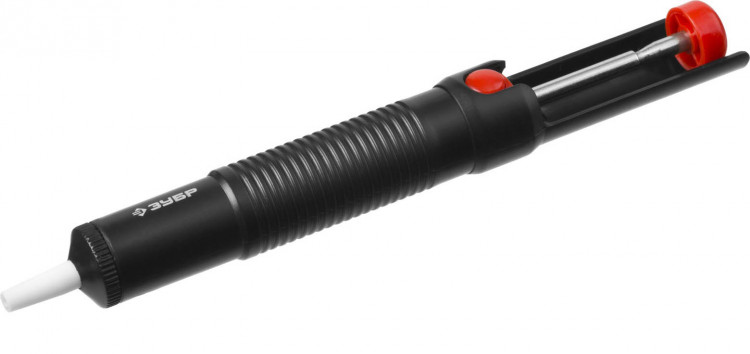 Шприц для удаления припоя пластиковый ЗУБР 55462 применяется совместно с электропаяльником для удаления свинцово-оловянного припоя с печатных плат и иных мест пайки. Удобен в использовании благодаря автоматическому срабатыванию штока с поршнем при нажатии