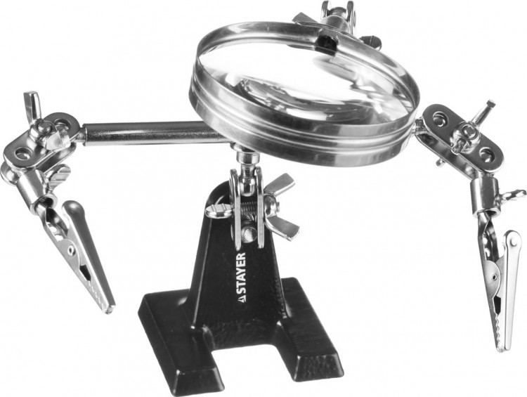 Штатив для фиксации электронных плат с увеличительной линзой STAYER 55339 освобождает руки и позволяет легко осуществлять паяльные работы на   электронной плате при помощи зажимов для крепления