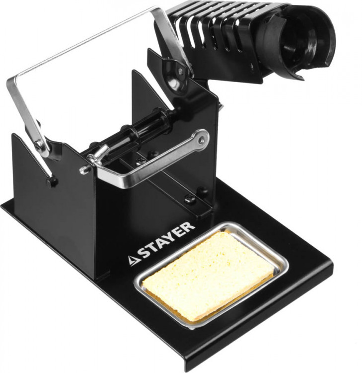 Подставка для паяльника штампованная с держателем STAYER 55321 применяется для безопасности при паяльных работах. Направляющая подставки сделана так