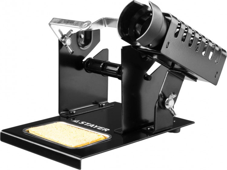 Подставка для паяльника штампованная с держателем STAYER 55321 применяется для безопасности при паяльных работах. Направляющая подставки сделана так