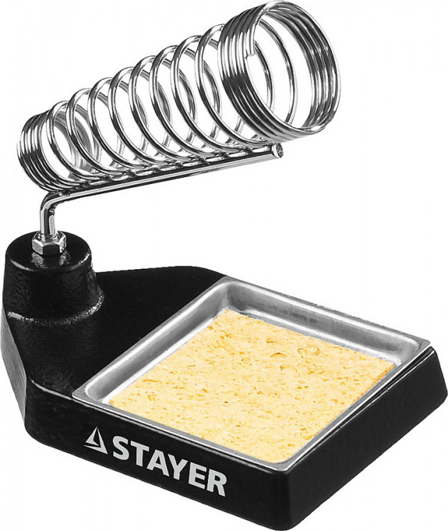 Подставка для паяльника литая STAYER Maxterm 55319 применяется для безопасности при паяльных работах. Направляющая подставки сделана так