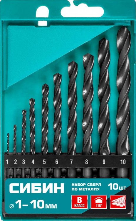 Набор спиральных сверел по металлу СИБИН 29610-H10