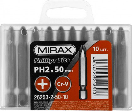 Профессиональные биты MIRAX 26253-2-50-10 изготовлены из высококачественной легированной стали и имеют точную геометрию шлицов