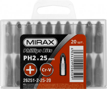 Профессиональные биты MIRAX 26251-2-25-20 изготовлены из высококачественной легированной стали и имеют точную геометрию шлицов